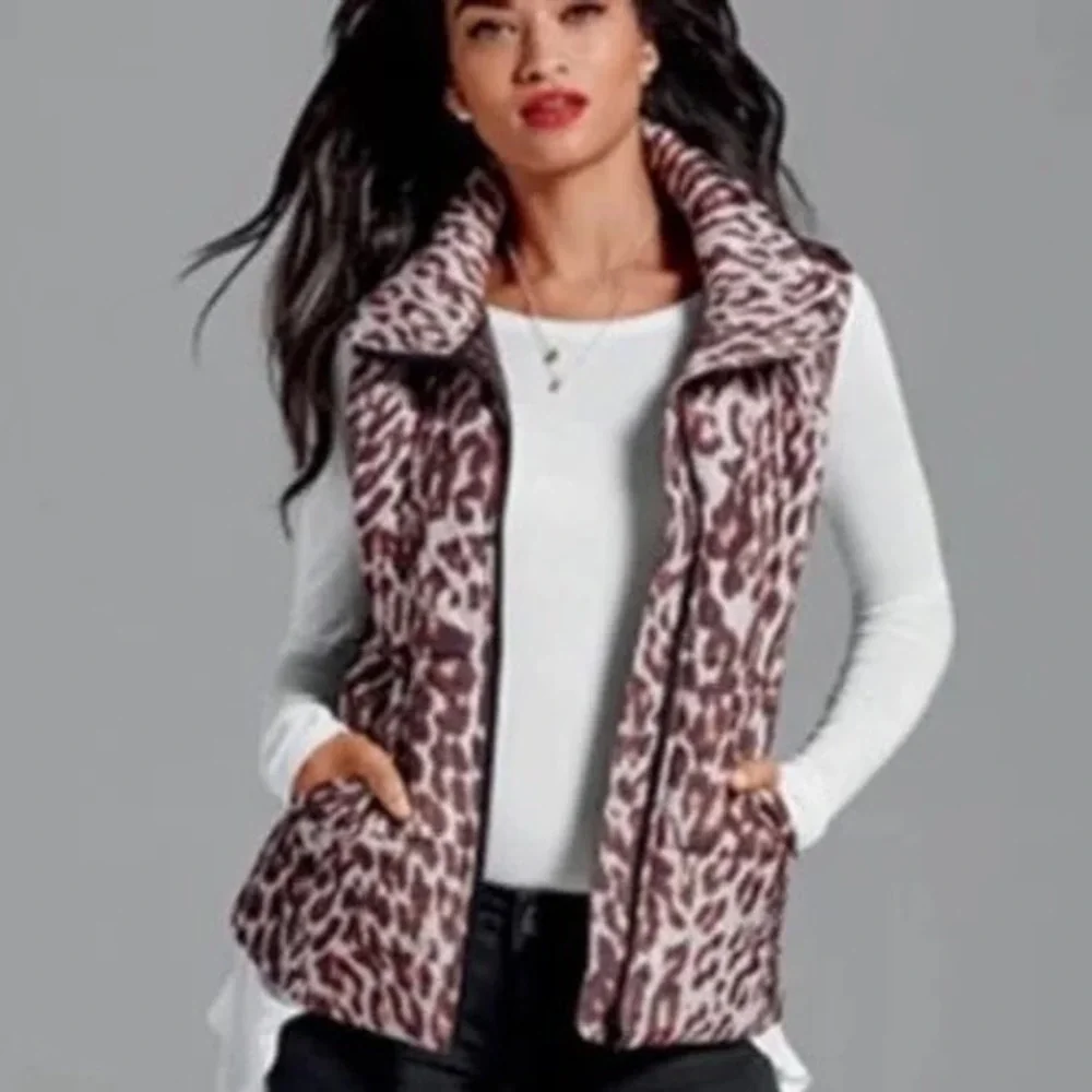 Cabi Leopard Puffer Vest Womens XS Brown Animal Print Zip Up Padded Sleeveless
